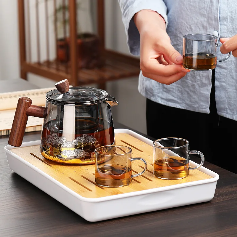 Стеклянный чайник Высокотемпературный Стеклянный чайник Чайный сервиз С деревянной ручкой Двухслойный фильтр Для заварки чая Бытовой Кухонный контейнер 2