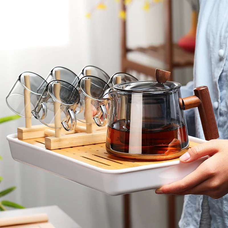 Стеклянный чайник Высокотемпературный Стеклянный чайник Чайный сервиз С деревянной ручкой Двухслойный фильтр Для заварки чая Бытовой Кухонный контейнер 3