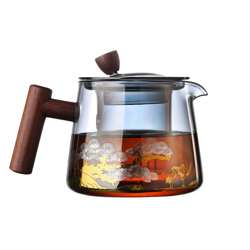Стеклянный чайник Высокотемпературный Стеклянный чайник Чайный сервиз С деревянной ручкой Двухслойный фильтр Для заварки чая Бытовой Кухонный контейнер 5