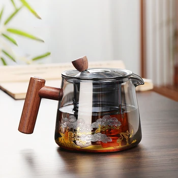 Стеклянный чайник Высокотемпературный Стеклянный чайник Чайный сервиз С деревянной ручкой Двухслойный фильтр Для заварки чая Бытовой Кухонный контейнер