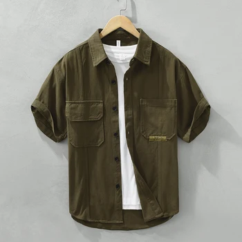 Американская повседневная одежда-карго, рубашка с коротким рукавом, модные однобортные топы в стиле сафари с отложным воротником