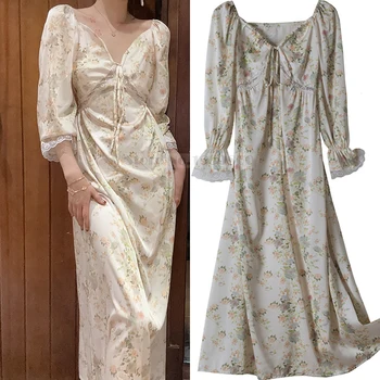 Длинная ночная рубашка с цветочным принтом, весенне-летняя женская пижама, халат, Элегантная ночная рубашка из французского шелка и атласа, Свободная домашняя одежда