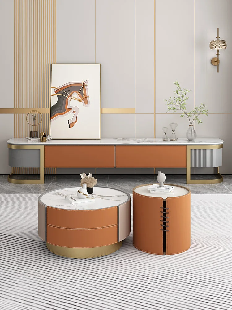 Тумба под телевизор, комбинация чайных столиков, современная гостиная из простой кожи под седло, новый итальянский светлый напольный шкаф в роскошном стиле. 0