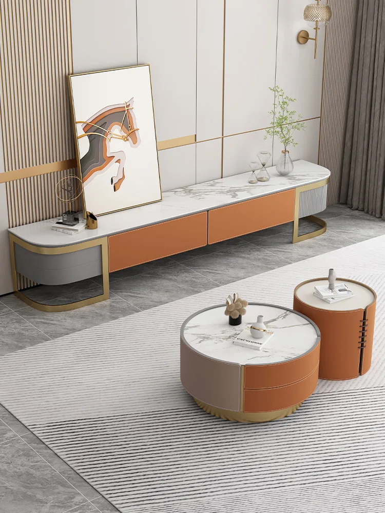 Тумба под телевизор, комбинация чайных столиков, современная гостиная из простой кожи под седло, новый итальянский светлый напольный шкаф в роскошном стиле. 3