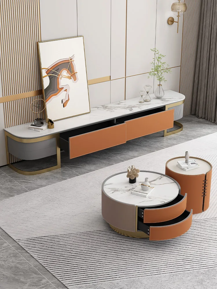 Тумба под телевизор, комбинация чайных столиков, современная гостиная из простой кожи под седло, новый итальянский светлый напольный шкаф в роскошном стиле. 4