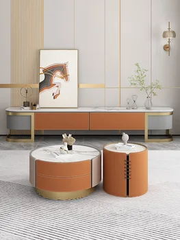Тумба под телевизор, комбинация чайных столиков, современная гостиная из простой кожи под седло, новый итальянский светлый напольный шкаф в роскошном стиле.