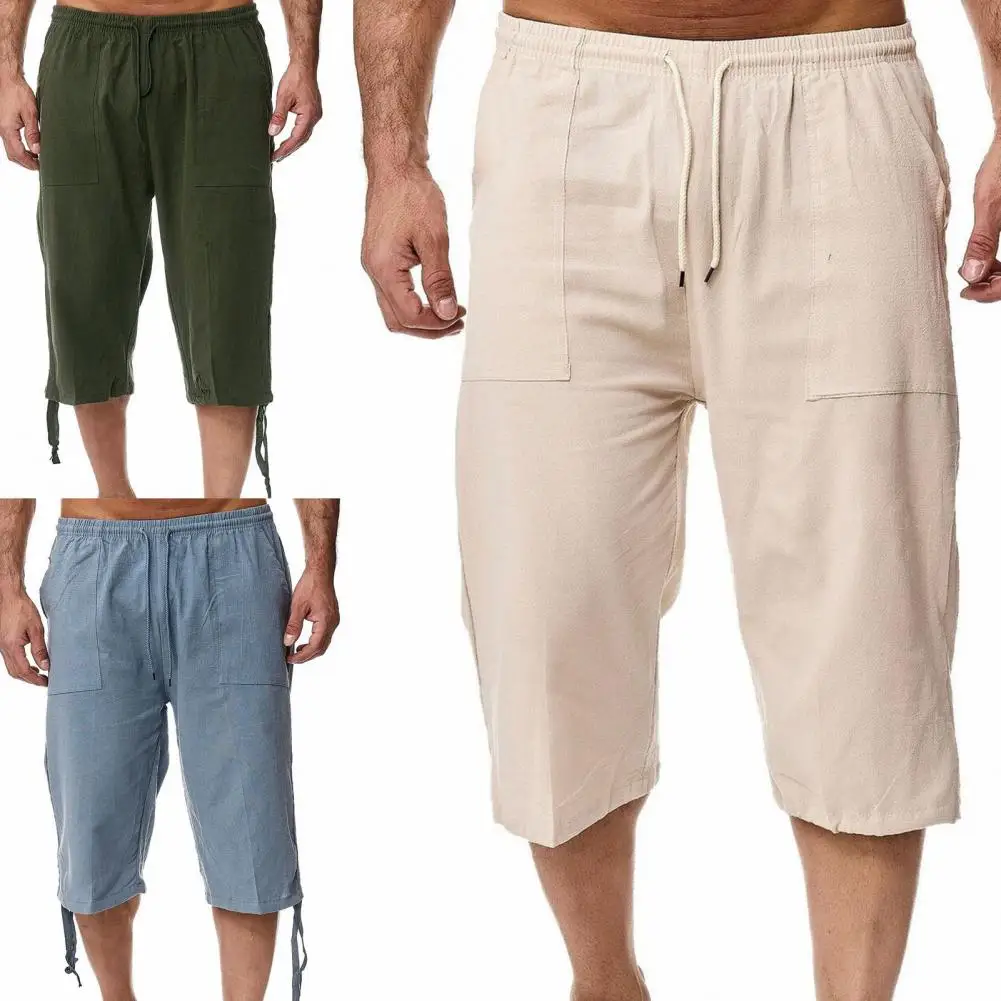 Летние брюки, Спортивные брюки, мужские облегающие повседневные однотонные брюки-капри с прямыми штанинами 0