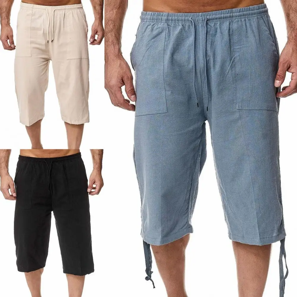 Летние брюки, Спортивные брюки, мужские облегающие повседневные однотонные брюки-капри с прямыми штанинами 1