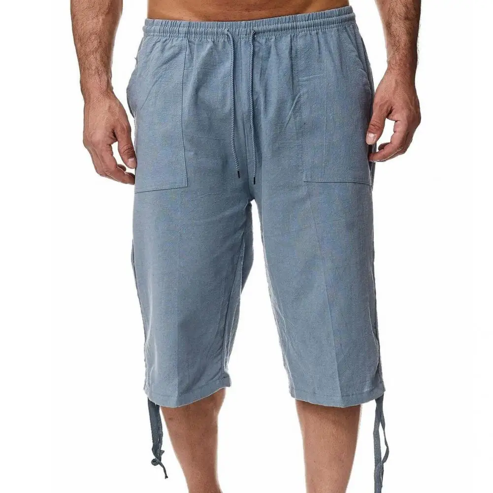 Летние брюки, Спортивные брюки, мужские облегающие повседневные однотонные брюки-капри с прямыми штанинами 3