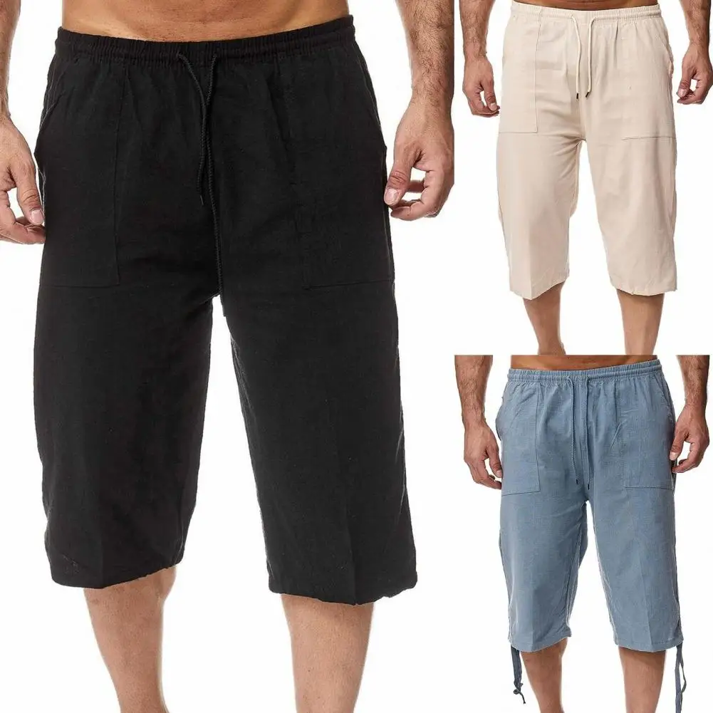 Летние брюки, Спортивные брюки, мужские облегающие повседневные однотонные брюки-капри с прямыми штанинами 4