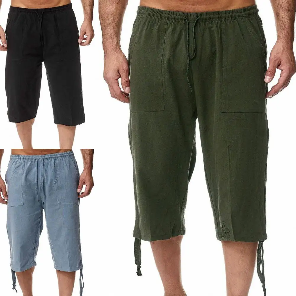 Летние брюки, Спортивные брюки, мужские облегающие повседневные однотонные брюки-капри с прямыми штанинами 5