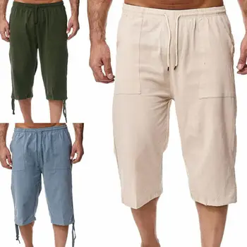 Летние брюки, Спортивные брюки, мужские облегающие повседневные однотонные брюки-капри с прямыми штанинами