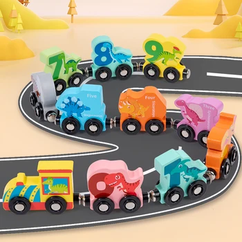 Детский цифровой игрушечный поезд-динозавр, сборка комбинированных строительных блоков, деревянные игрушки для детей, обучающая игра Монтессори