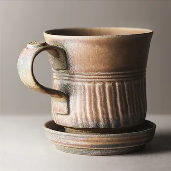Японская кофейная кружка в стиле ретро, Чайная чашка ручной работы из грубой керамики, креативная кружка для завтрака, молочная кружка с крышкой, Офисный держатель для чайных чашек
