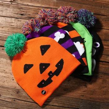 Хэллоуин вязаный светодиодные шляпа теплый световой светящийся колпачок для взрослых и детей черепа тыквы шапки детские вечеринки косплей реквизит