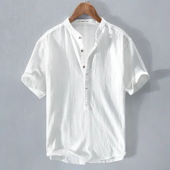 Горячая распродажа мужских летних рубашек с короткими рукавами из 100% хлопка и льна, Летние однотонные дышащие повседневные пляжные рубашки S-4XL