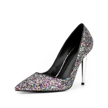 Модная женская обувь на высоком каблуке Цветовая смесь Странный каблук Блестящая Женская обувь Открытый Острый носок Неглубокие Свадебные туфли-лодочки