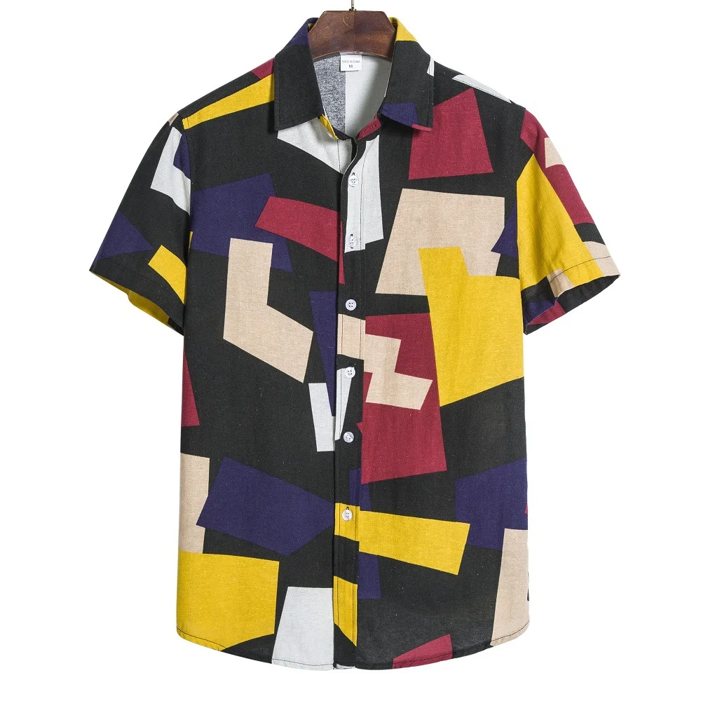 Мужская летняя пляжная рубашка с геометрическим повседневным принтом, цветной топ в стиле пэчворк, Мода, покупки, путешествия 0
