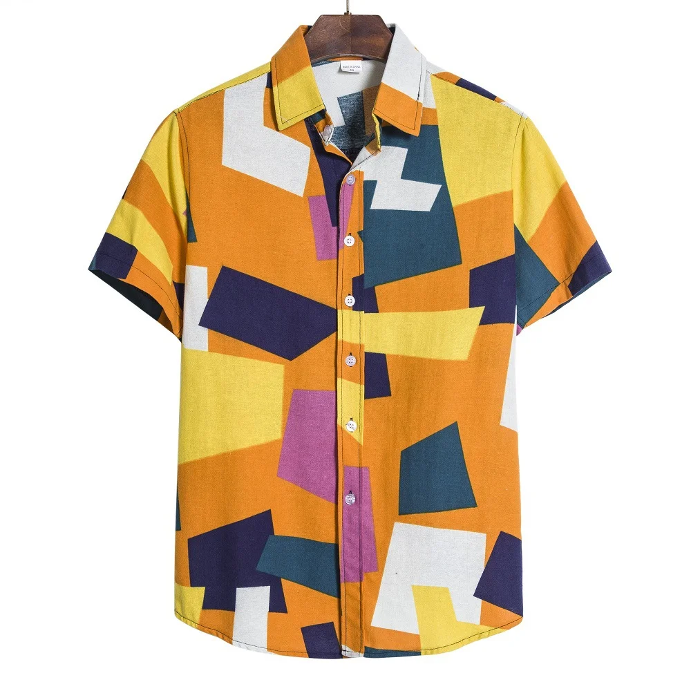 Мужская летняя пляжная рубашка с геометрическим повседневным принтом, цветной топ в стиле пэчворк, Мода, покупки, путешествия 1