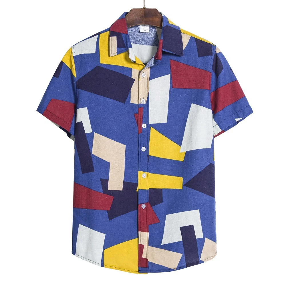 Мужская летняя пляжная рубашка с геометрическим повседневным принтом, цветной топ в стиле пэчворк, Мода, покупки, путешествия 2