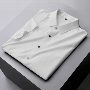 Высококачественная летняя новинка 2023, мужская рубашка с коротким рукавом, модная рубашка в деловую полоску из ледяного шелка, роскошный мужской дышащий топ