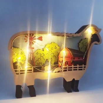 Рождественский деревянный орнамент со светлыми поделками из дерева в форме животных, 3D Сцены фермы для домашнего декора, полка, рабочий стол, открытый