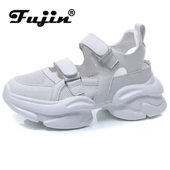 Женские дышащие сандалии Fujin из натуральной кожи с воздушной сеткой 7 см, модные массивные кроссовки, открытые летние женские туфли на платформе и танкетке