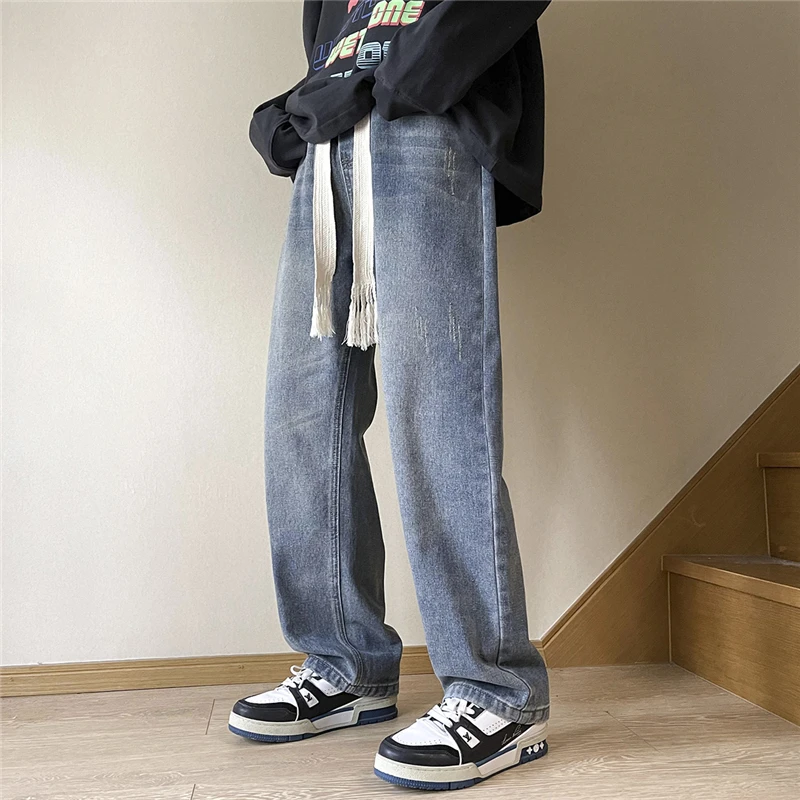 Мужские широкие джинсы, уличные мешковатые прямые джинсовые брюки оверсайз, эластичный пояс, модные Черные брюки в корейском стиле, уличная одежда в стиле хип-хоп. 0