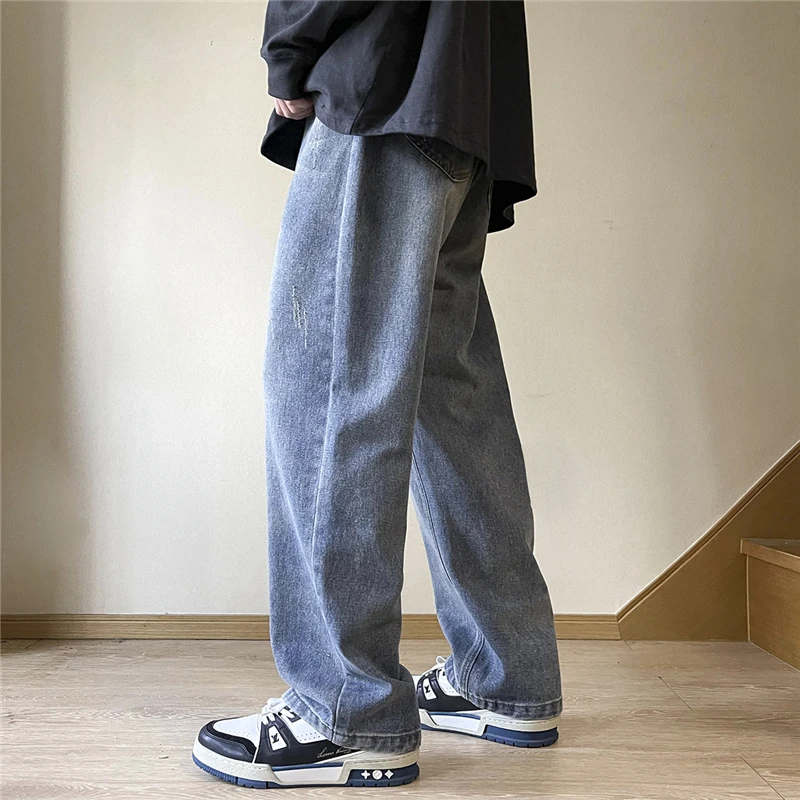 Мужские широкие джинсы, уличные мешковатые прямые джинсовые брюки оверсайз, эластичный пояс, модные Черные брюки в корейском стиле, уличная одежда в стиле хип-хоп. 1