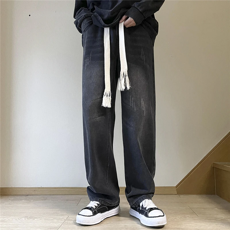Мужские широкие джинсы, уличные мешковатые прямые джинсовые брюки оверсайз, эластичный пояс, модные Черные брюки в корейском стиле, уличная одежда в стиле хип-хоп. 3