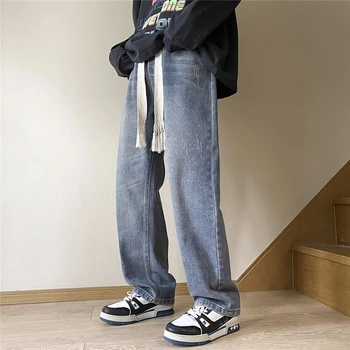 Мужские широкие джинсы, уличные мешковатые прямые джинсовые брюки оверсайз, эластичный пояс, модные Черные брюки в корейском стиле, уличная одежда в стиле хип-хоп.