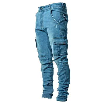 Джинсы-карго Синие, черные, стрейчевые Мужские брюки с несколькими карманами, Узкие Джинсовые брюки в стиле хай-стрит в стиле панк, брюки оверсайз, мужская одежда