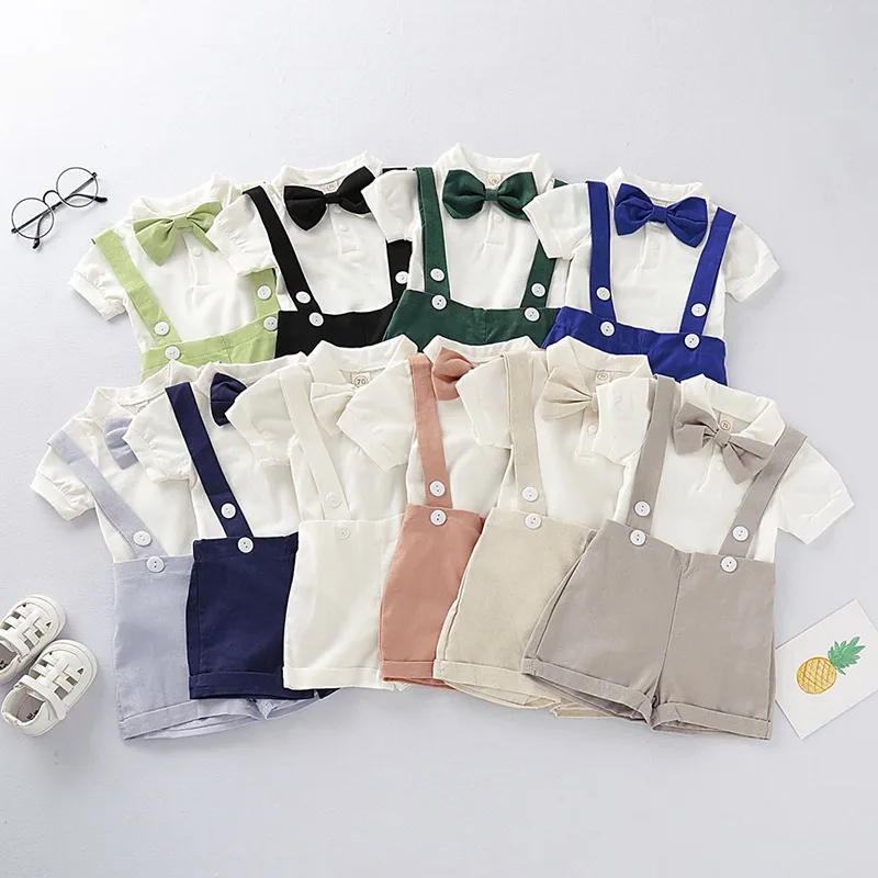 3 предмета однотонных нарядов для новорожденных, комбинезон с короткими рукавами и лацканами для маленьких мальчиков + брюки на подтяжках + галстук-бабочка 0