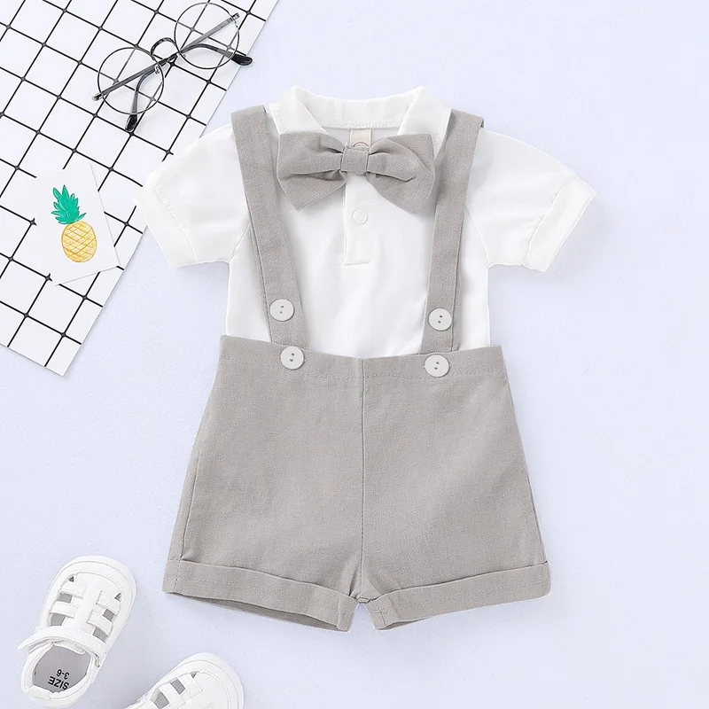 3 предмета однотонных нарядов для новорожденных, комбинезон с короткими рукавами и лацканами для маленьких мальчиков + брюки на подтяжках + галстук-бабочка 1