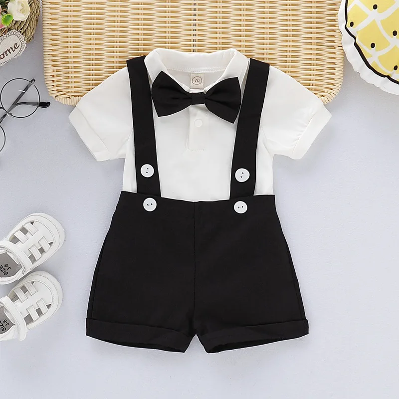 3 предмета однотонных нарядов для новорожденных, комбинезон с короткими рукавами и лацканами для маленьких мальчиков + брюки на подтяжках + галстук-бабочка 4