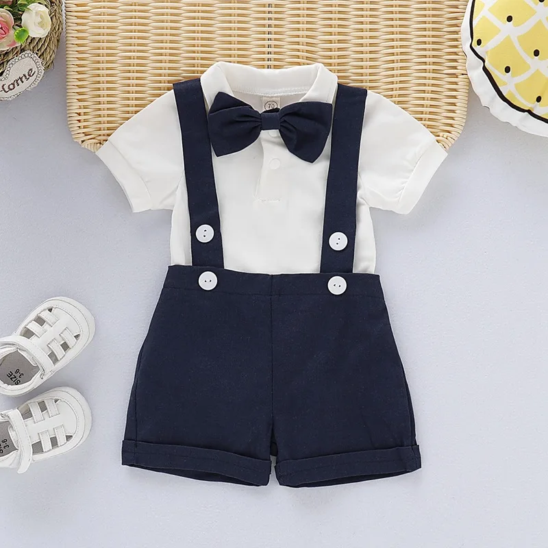 3 предмета однотонных нарядов для новорожденных, комбинезон с короткими рукавами и лацканами для маленьких мальчиков + брюки на подтяжках + галстук-бабочка 5