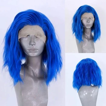Цветной синий коротковолновый парик, синтетические парики на кружеве спереди для женщин, длина до плеч, Объемный волнистый парик, свободная часть, парик из натуральных волос