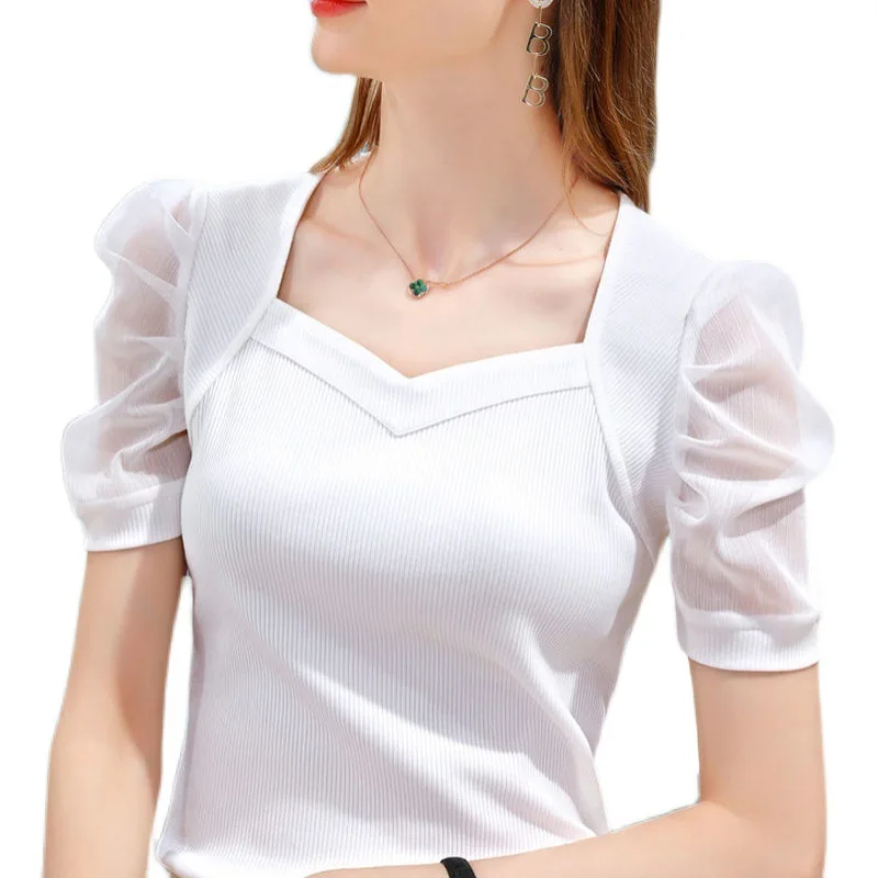 Женская футболка из ледяного шелка 2023, новые однотонные летние топы, футболки с рукавами-пузырями во французском стиле 3
