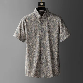 Легкая роскошная дизайнерская рубашка с коротким рукавом в стиле ретро с принтом, мужской роскошный топ 2023, Новая летняя шелковая гладкая дышащая рубашка