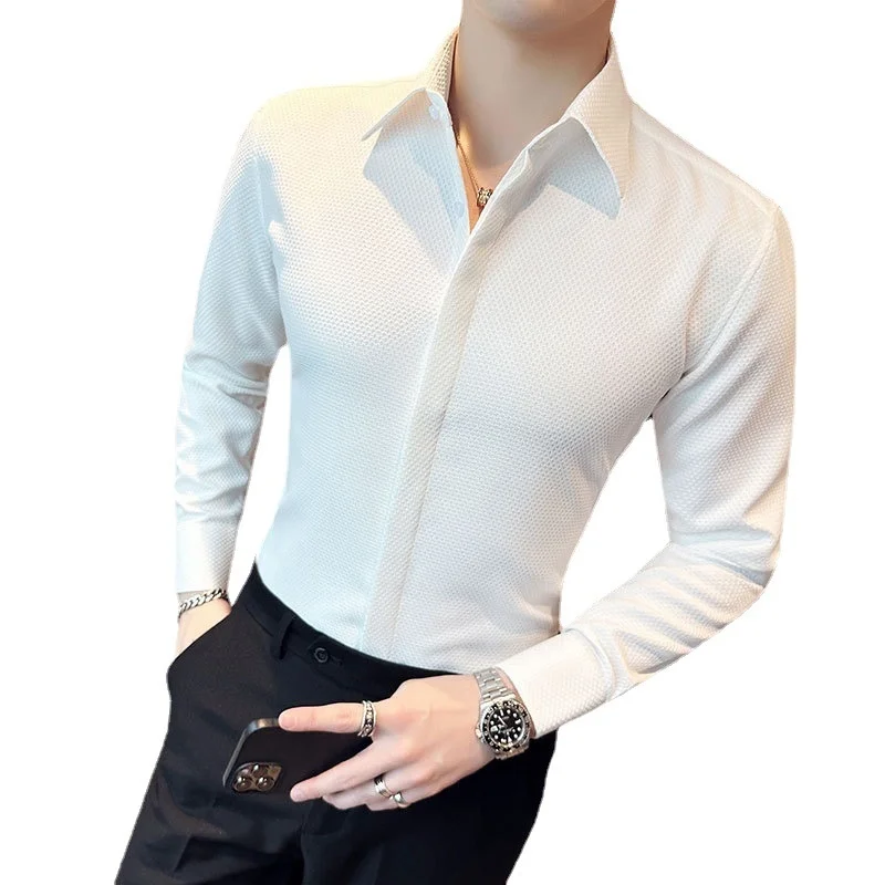 Высокое качество Sprng, новые модные рубашки Waffler с длинным рукавом для мужчин, одежда 2023, деловая официальная одежда, приталенный повседневный смокинг для выпускного вечера 5