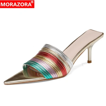 MORAZORA / Новые разноцветные женские тапочки на высоком каблуке-шпильке с острым носком, шлепанцы, женские вечерние туфли для выпускного вечера, Летняя обувь