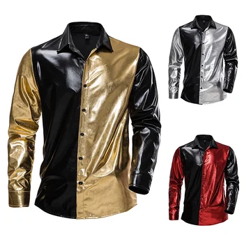 Новая мужская рубашка Bright Face 70 's Disco С длинными рукавами, ретро-тренд, Контрастный цвет, лацкан, топ европейского размера, золотой, серебряный, красный