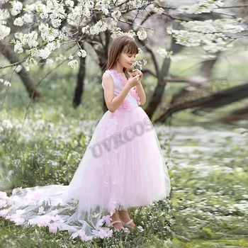 Розовая принцесса Патал, платья для маленьких девочек-цветочниц, шлейф, детская мода, костюмы на год рождения, Свадебное модельное платье по индивидуальному заказу