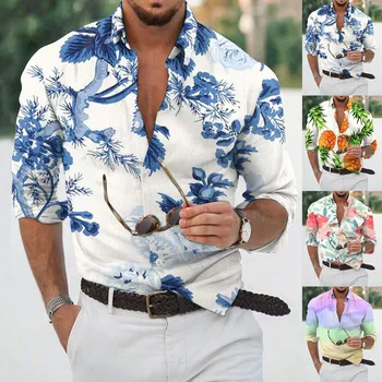 Дизайнерские Весенне-летние Мужские Рубашки, Повседневная Гавайская рубашка с 3D-Принтом, Блузка, Модные Повседневные Рубашки С Длинным Рукавом, camisas y blusas