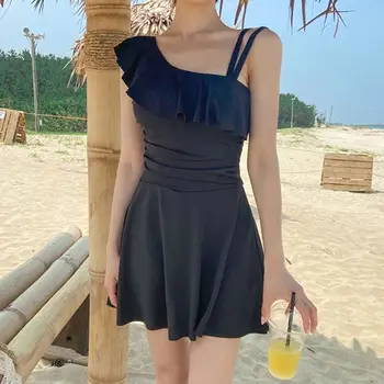 Женский цельный купальник, Черная сексуальная пляжная одежда с воланами, летние купальники с подкладкой, скрывающие живот, платье для плавания в корейском стиле 2023 г.