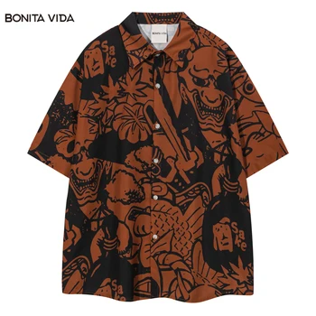 Гавайская рубашка Уличная Одежда Harajuku Японский Самурай, Пляжные Рубашки с коротким рукавом, Мужские Летние Хип-хоп, панк, Готический Свободный топ на пуговицах