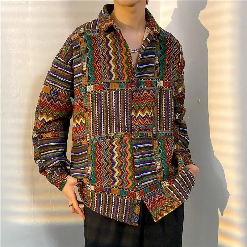 Новая модная мужская летняя крутая винтажная рубашка, куртка, мужская рубашка с длинным рукавом и лацканами, свободная рубашка в античном стиле, блузка 2