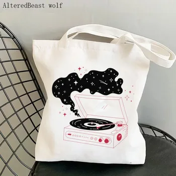 Модная Женская сумка для покупок, сумка с принтом Space Record, Холщовая Сумка Для покупок в стиле Харадзюку, женская сумка-Тоут на плечо, Женская сумка