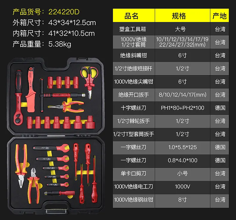 Сертифицированный VDE набор инструментов электрика с изоляцией от напряжения 1000 В, набор электрика 224220D/E 0