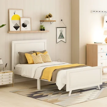 Деревянная платформа-кровать с двумя односпальными кроватями, каркас матраса с изголовьем и опорой из деревянных планок (белый) Массив белого дерева